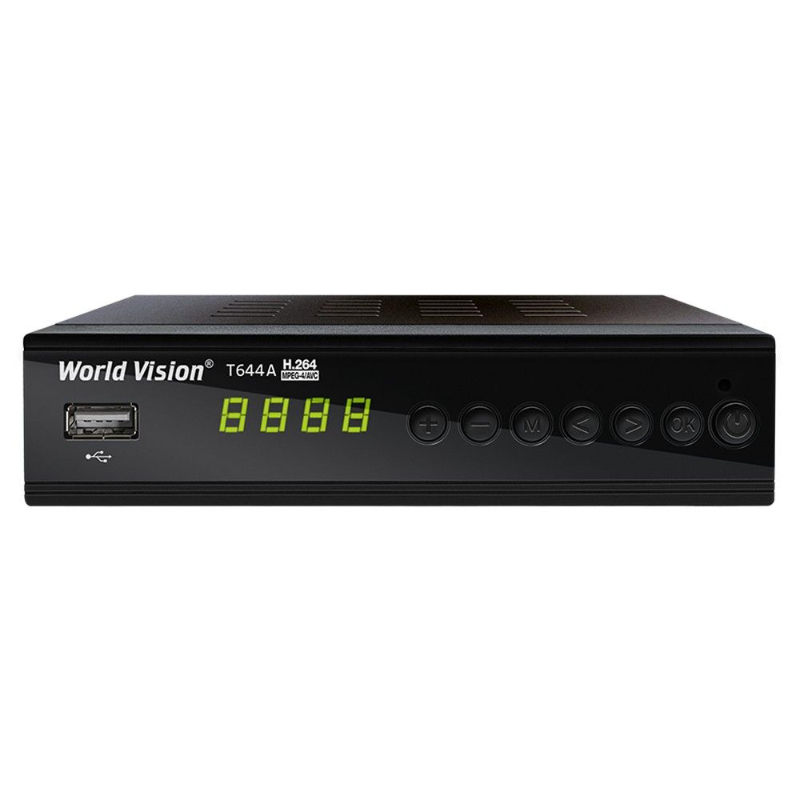 Цифровая приставка World Vision T644A Standard Edition (DVB-T2) на белом фоне